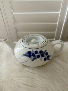 White Ceramic Teapot with Blue Fruit Motif